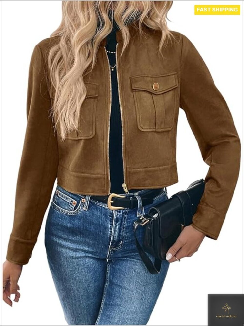ZIP UP CROP JACKET FAUX SUEDE MOTORCYCLE CARGO LONG SLEEVE STREETWEAR Y2K